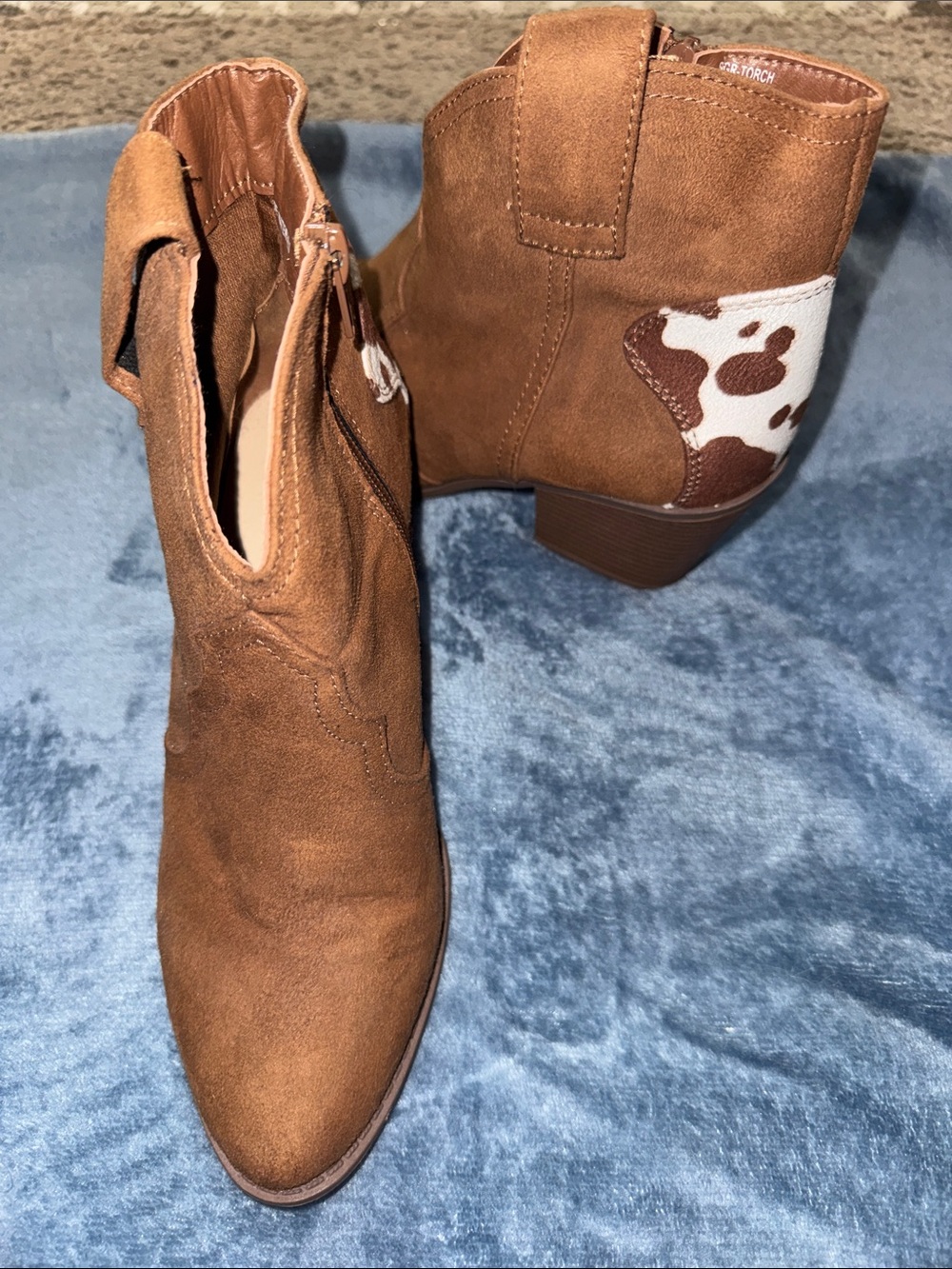 Sugar Brown Suede Ankle Boots with White & Brown Cowhide Accent